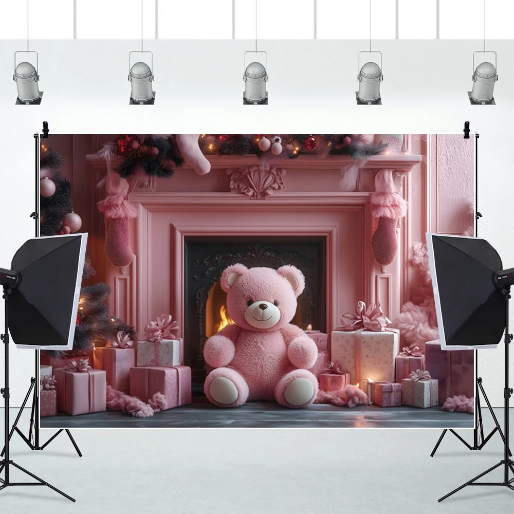 Pink Christmas Photography Backgrounds Retro Wall Teddy Bear Fireplace Xmas Tree Gift Kids Portrait Family Party Decor Backdrops