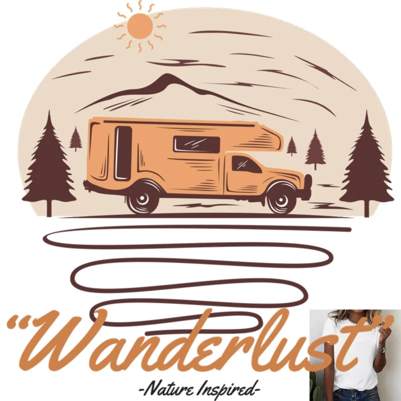 Wanderlust Nature - Inspired Camper Van Outdoor Style Heat - Transfer White Ink Iron - on Patch, Suitable for T - shirts,