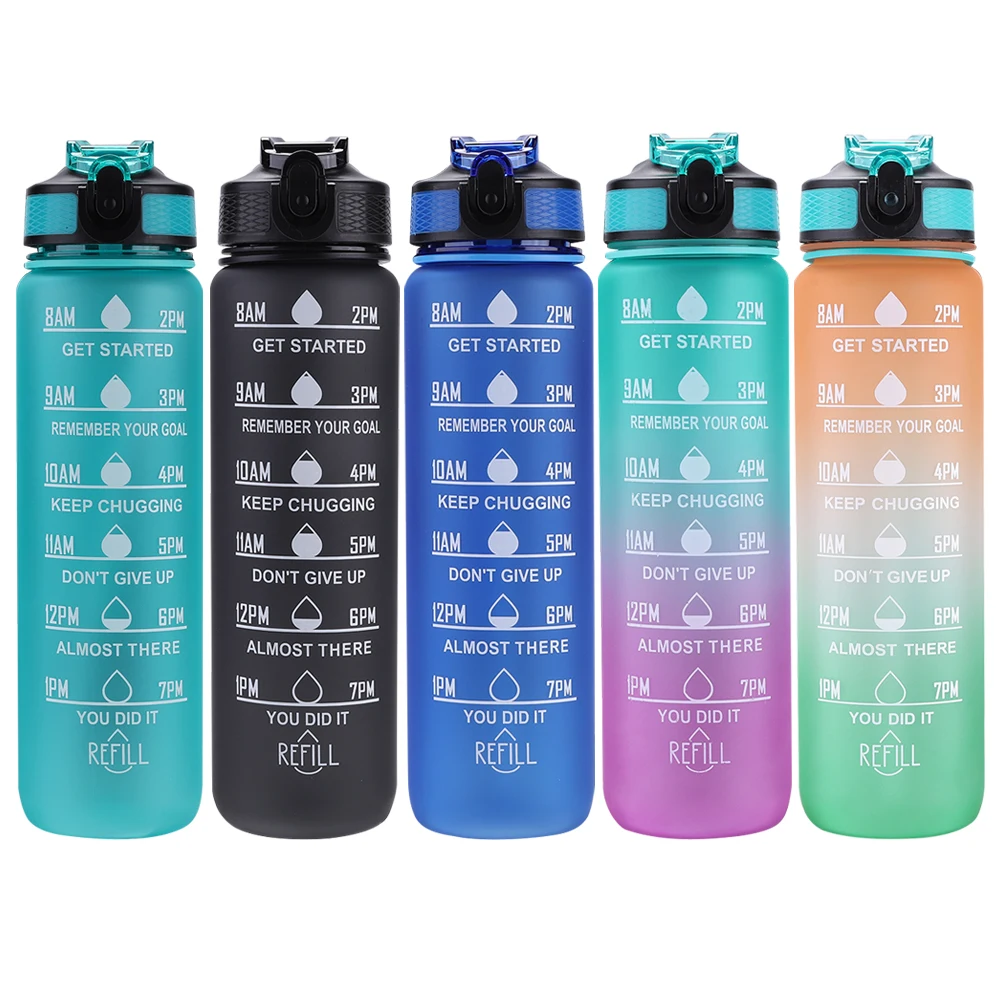 1000 ml Sportwasserflasche, auslaufsichere Strohhalm-Wasserflasche, BPA-frei, tragbarer Trinkbecher mit Zeitskala für Camping, Laufen