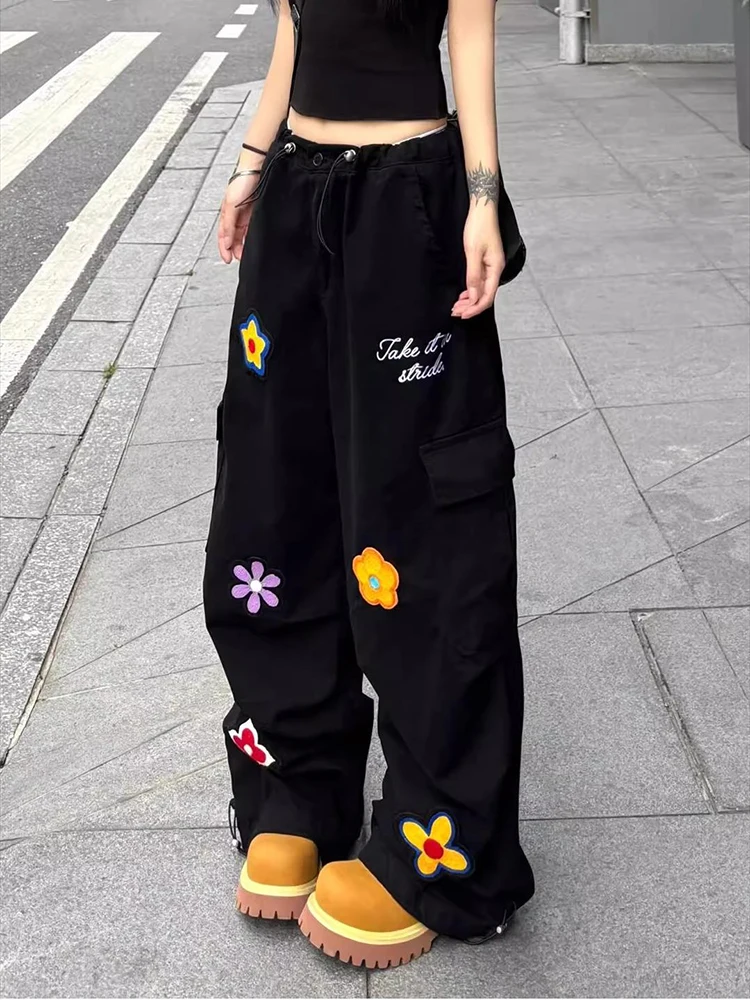 2025 Autumn Winter Women's Denim Pants Y2K Cargo Jean Harajuku Embroidery Cowboy Japanese Wide Fit Baggy Jeans High Quality