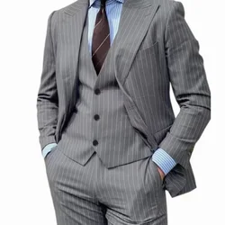 Formal Pinstripe Mens Suit Slim Fit 3 Pieces Blazer Vest Pants Set One Button Peak Lapel Elegant Tuxedos Wedding Groom Ceremony