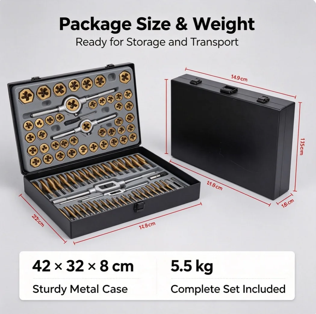 Metric & SAE Hex Tap and Die Set, Titanium Coated Thread Cutting Tool Kit, Internal External Thread Repair Tool with Storage Cas