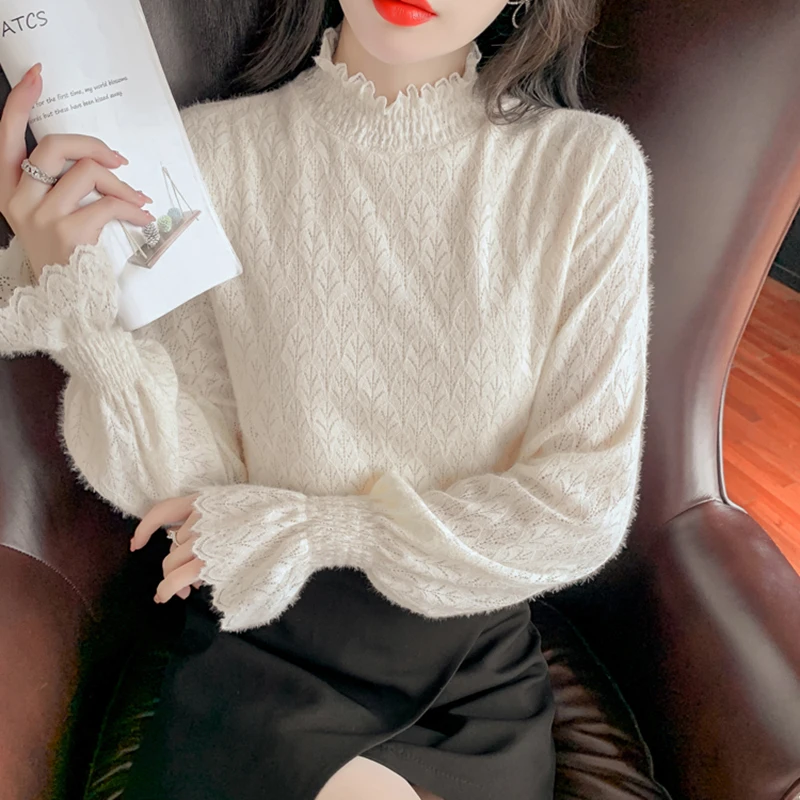 

Floral Sve Lace irt Thiened Hollow out Brued Long Sve Воротник-стойка Женская модная осенне-зимняя внутренняя одежда B...