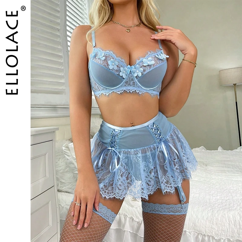 Ellolace FloralLove Fancy Women's Sexy Lingerie Set 5pcs Attractive Lace Erotic Bra Sets With Stocking Sissy Costume