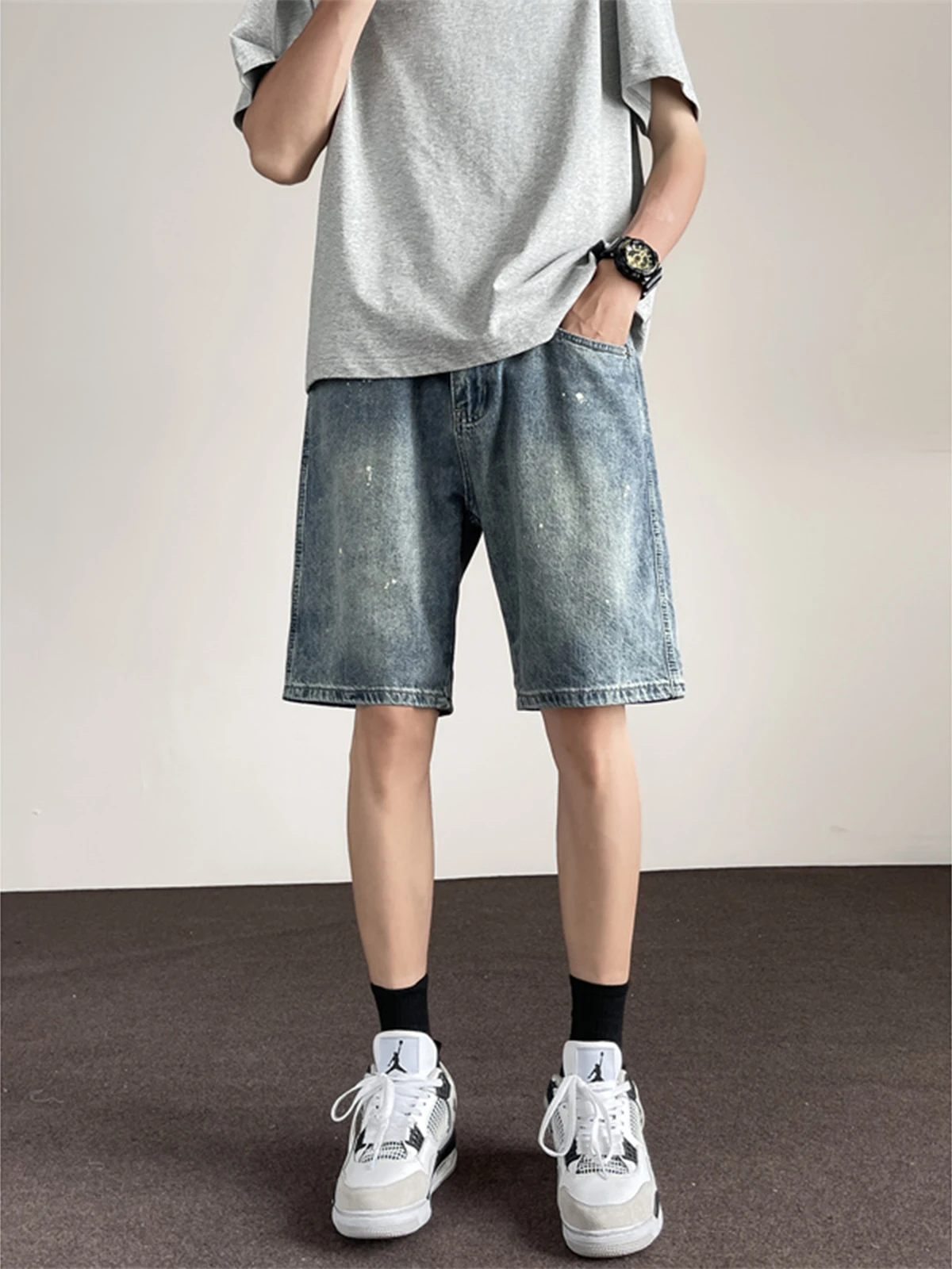 

2024 Men Summer Vintage Baggy Pockets Denim Shorts Mens Casual Loose Jeans Shorts Male High Waist Straight Short Pants G220