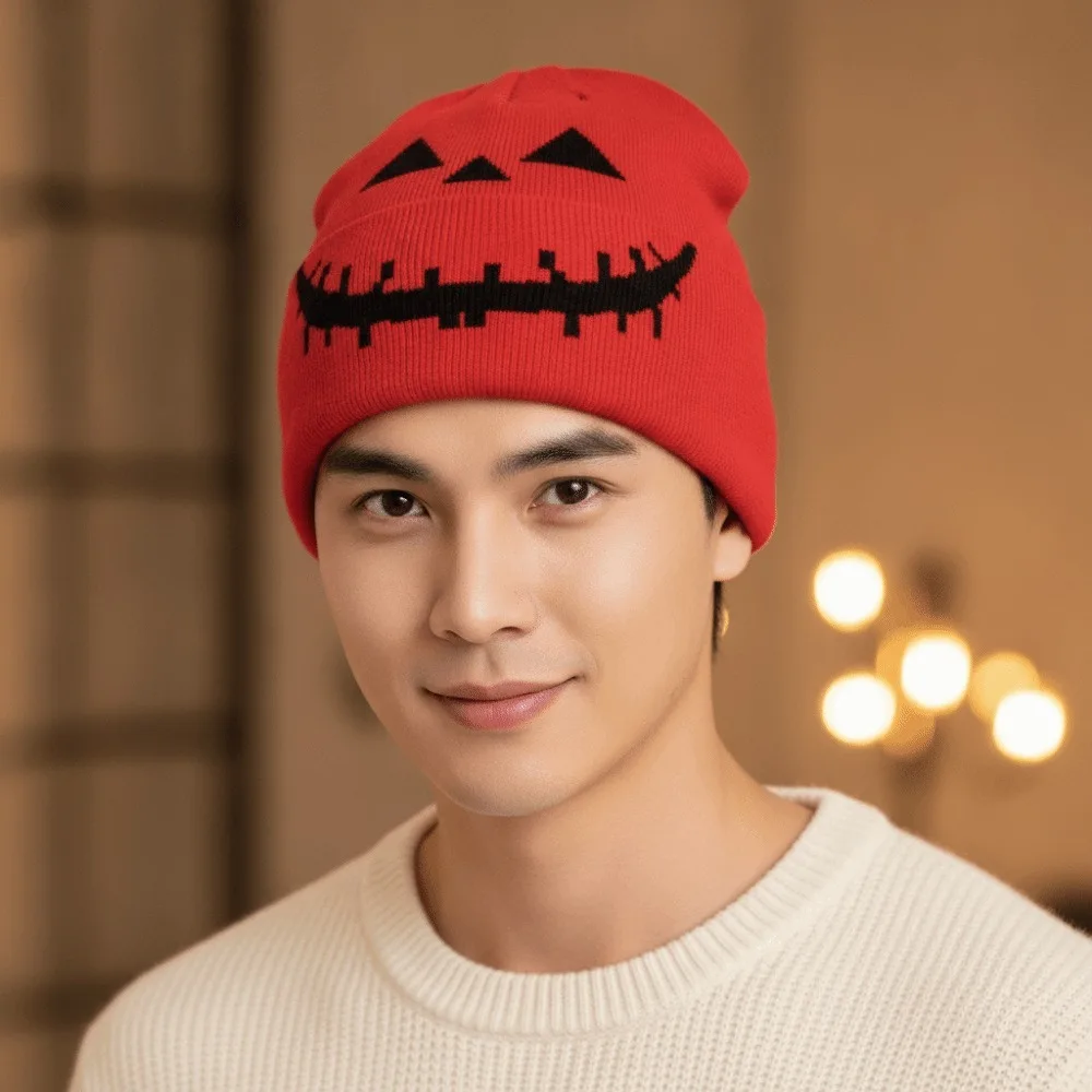 Knitted Fabric Pumpkin Beanie Hat Pumpkin Orange Warm Halloween Knitted Cap Breathable Soft Texture Hip Hop Skullcap