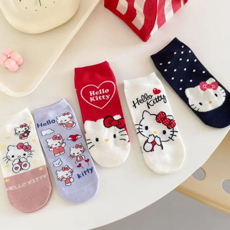 5pairs Kawaii Sanrio Hello Kitty Women Socks Cute Cartoon Christmas Anime Cotton Sweet and Comfortable Breathable Sock for Kids