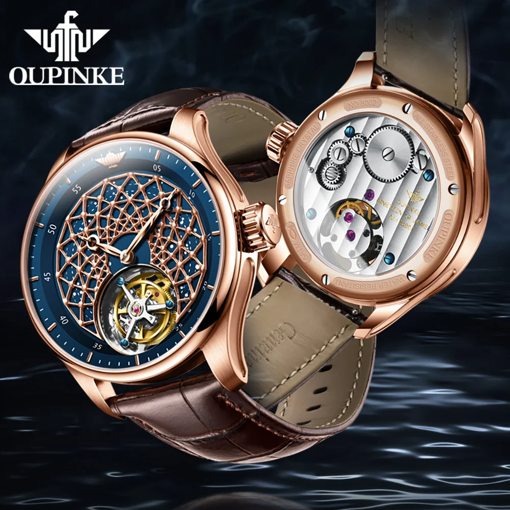 OUPINKE 8002 Tourbillon Movement Men Watch Leather Band Swiss Sapphire Mirror Waterproof Skeleton Automatic Mechanical Men Watch