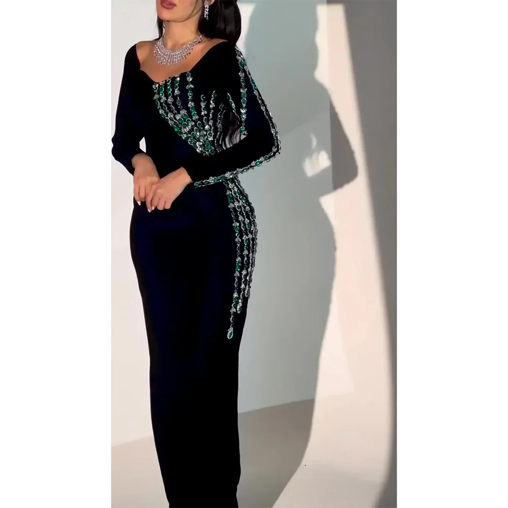 Customized Black Off Shoulder Long Sleeves Evening Dresses for Women Beadings Crystals Ankle-Length Formal Party Prom Dresses