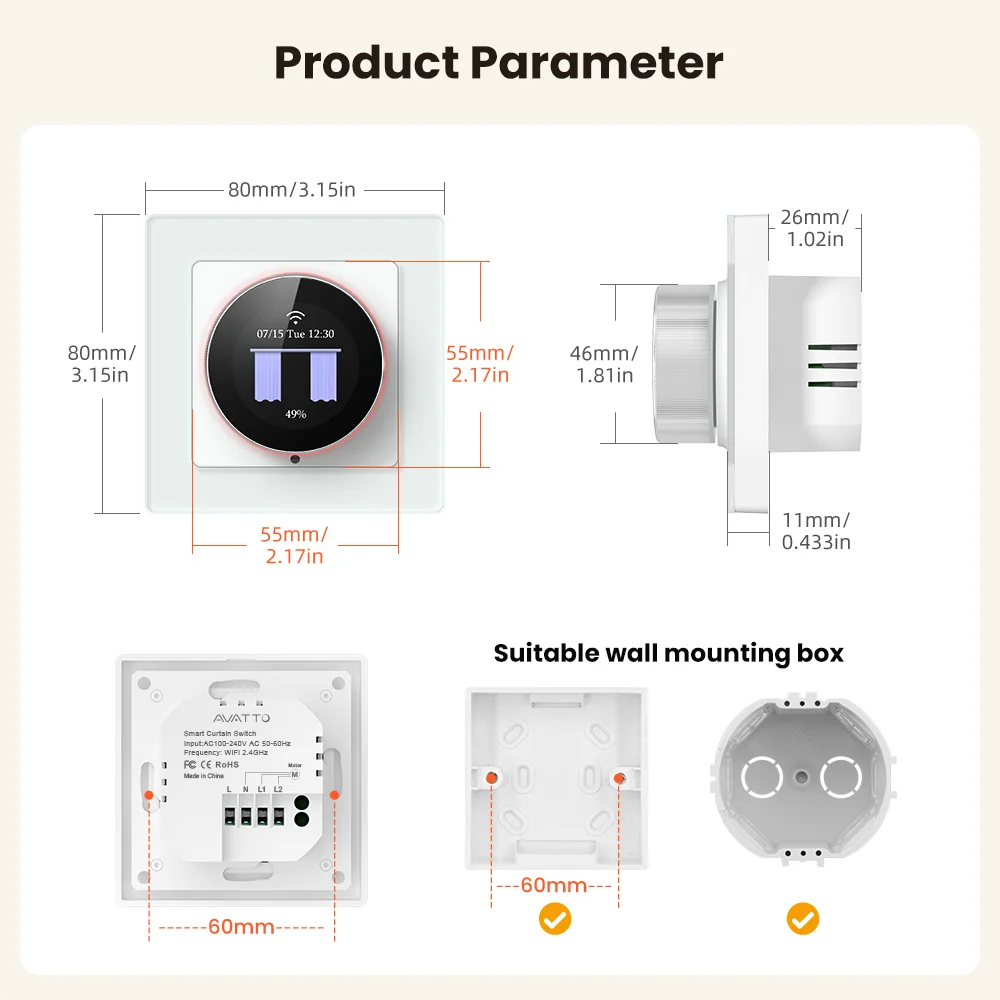 AVATTO WiFi Smart Knob Curtain Switch,With Ambient Light Ring,Precise Percentage Control,Works With Tuya Alexa Google Home Alice - view 6