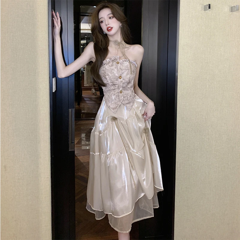 French Strapless Dress Women Summer New Fashion Vintage Floral Gauze Dresses Puffy Dress Elegant Slim Advanced Female's Clothing