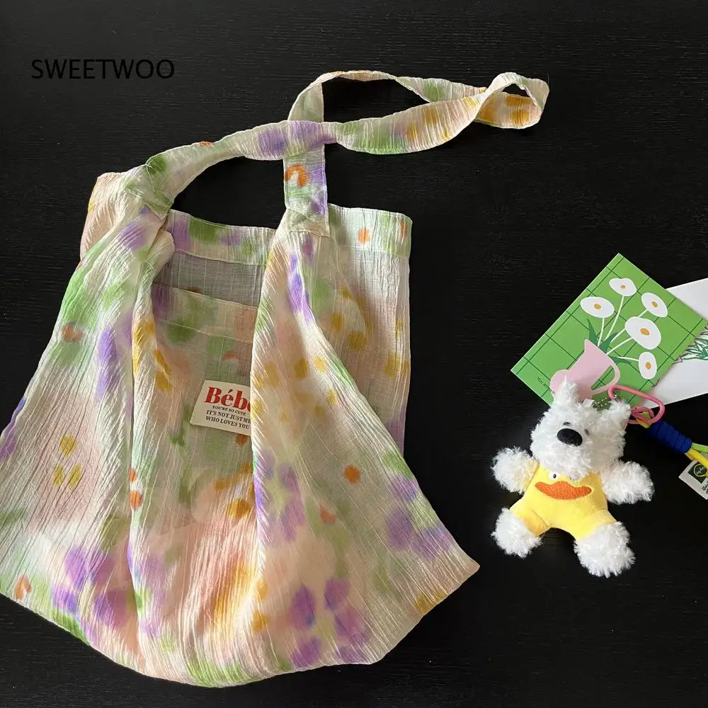 Tie Dye Floral Sheer Tencel Fabric Tote Bag Thin Breathable Soft Texture Large Capacity Korean Ins Summer Women Shoulder Purse