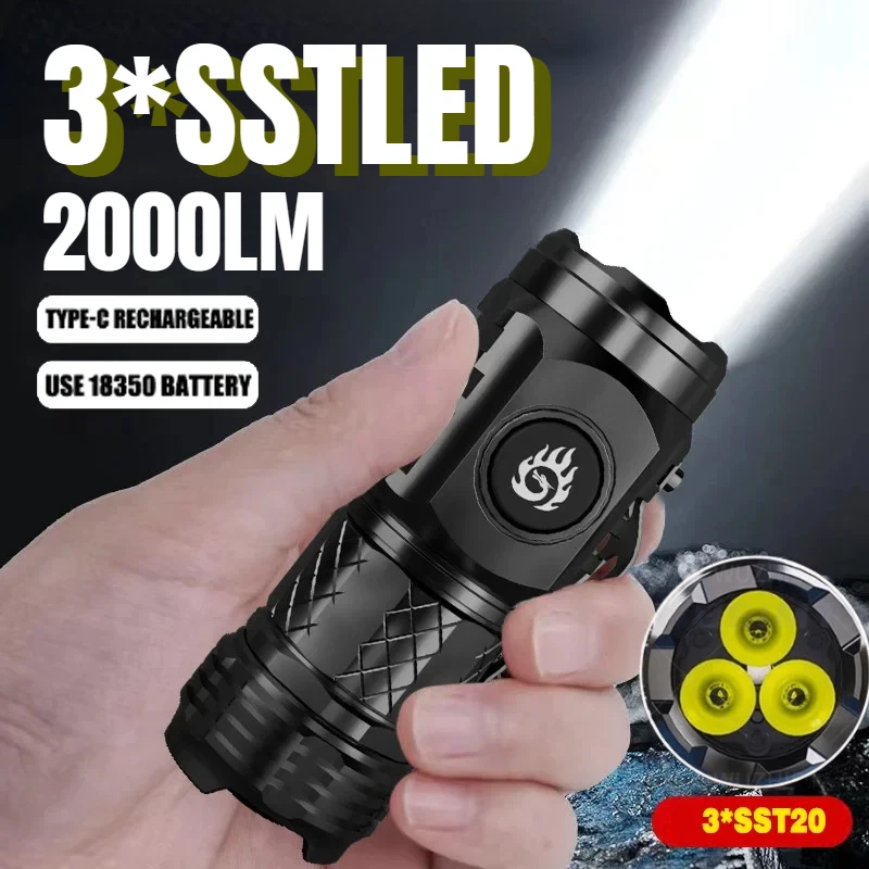 

2000LM 3*LED Mini LED Flashlight with Pen Clip Built-in Battery Type-C Rechargeable EDC Torch Outdoor Emergency Camping Lantern