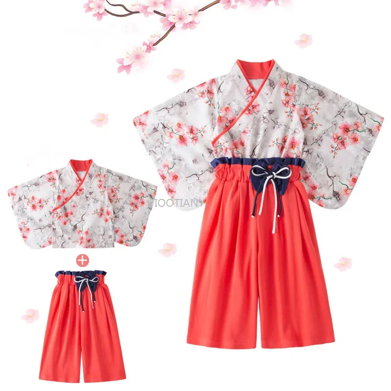 

Long Sleeved Cherry Blossomperformance Photography Suit Spring Long Sleeve Floral Print Bow Kimono Set Japanese Children Kimono