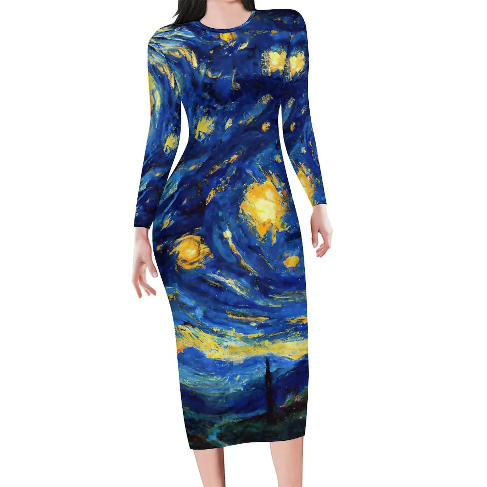 Oil Painting Dress Long Sleeve Van Gogh Starry Night Street Style Dresses Spring Retro Bodycon Dress Woman Oversized Vestido