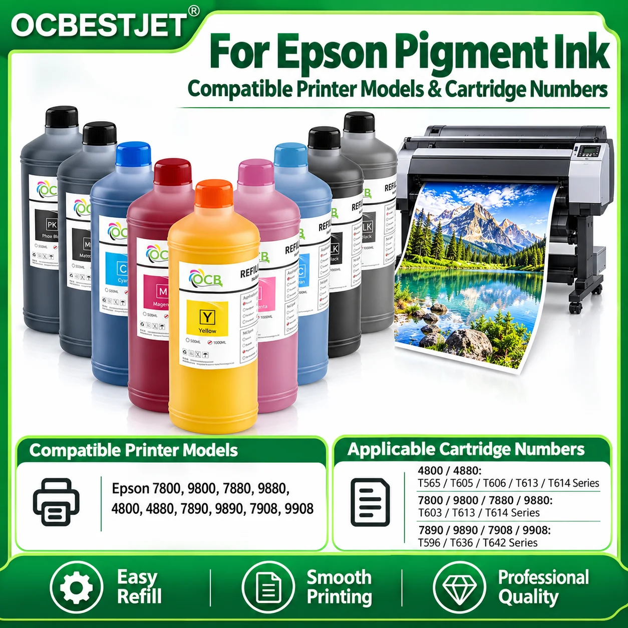 For Epson 7800 9800 7880 9880 4800 4880 7890 9890 4000 7600 9600 Pigment Ink Refill Ink 9 Colors Available 1000ml