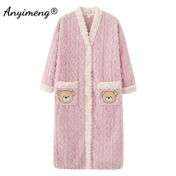 New Winter Bath Robe Women Bear Printing Pink Sleepwear Soft Flannel Spa Robes for Girls Birthday Party Solid Kawaii Pajamas