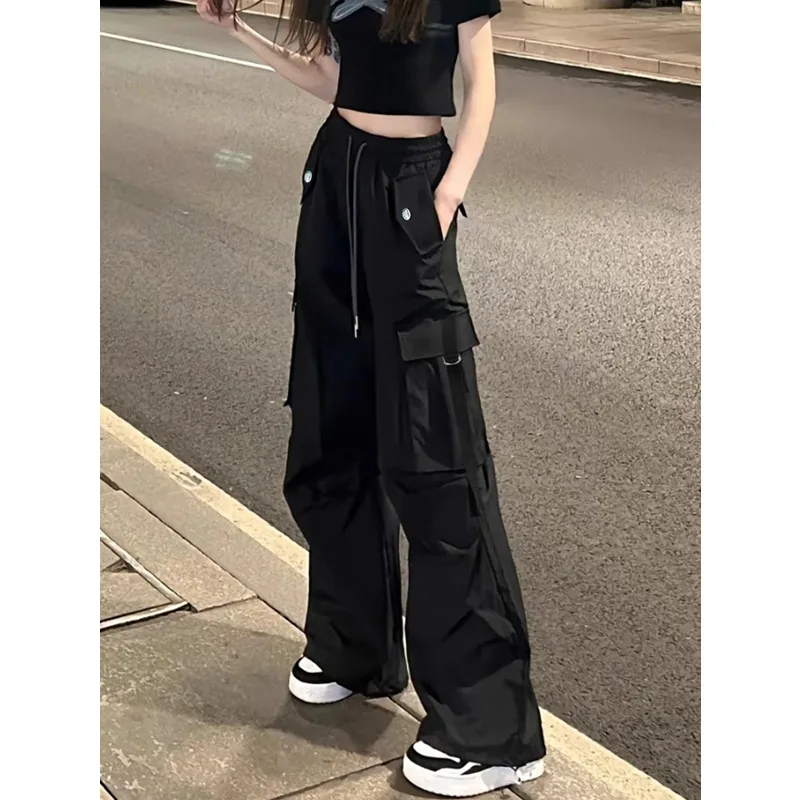 Black Quick-Dry Women's Work Trousers Summer Small Size American Loose Straight Mountain Climbing Wide Leg Pants Thin