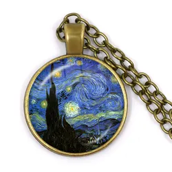 New Classic Starry Night Pendant Van Gogh Necklace Glass Art Painting Pendants Jewelry Moon And Atars Necklaces Gift