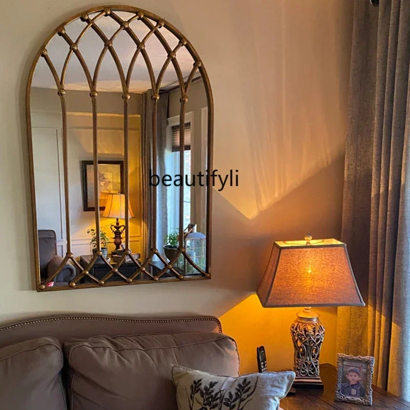 

cqyRetro French wall-mounted cosmetic mirror living room creative arch mirror entrance wall-mounted decorative mirror