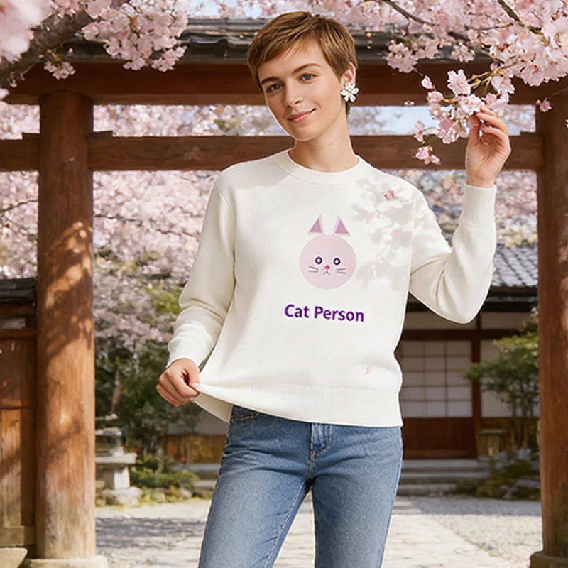 Women's Gothic Harajuku Knitted Bandwagon Crew Neck Cat Embroidery Sweater Loose Autumn Winter New Style Lazy Style Knitted Top