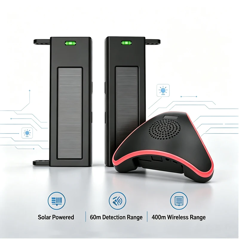 Solar Wireless Beam Driveway Alarm, 400m Transmission, 60m Detection Range, Solar Powered Outdoor DIY Home Security Alert