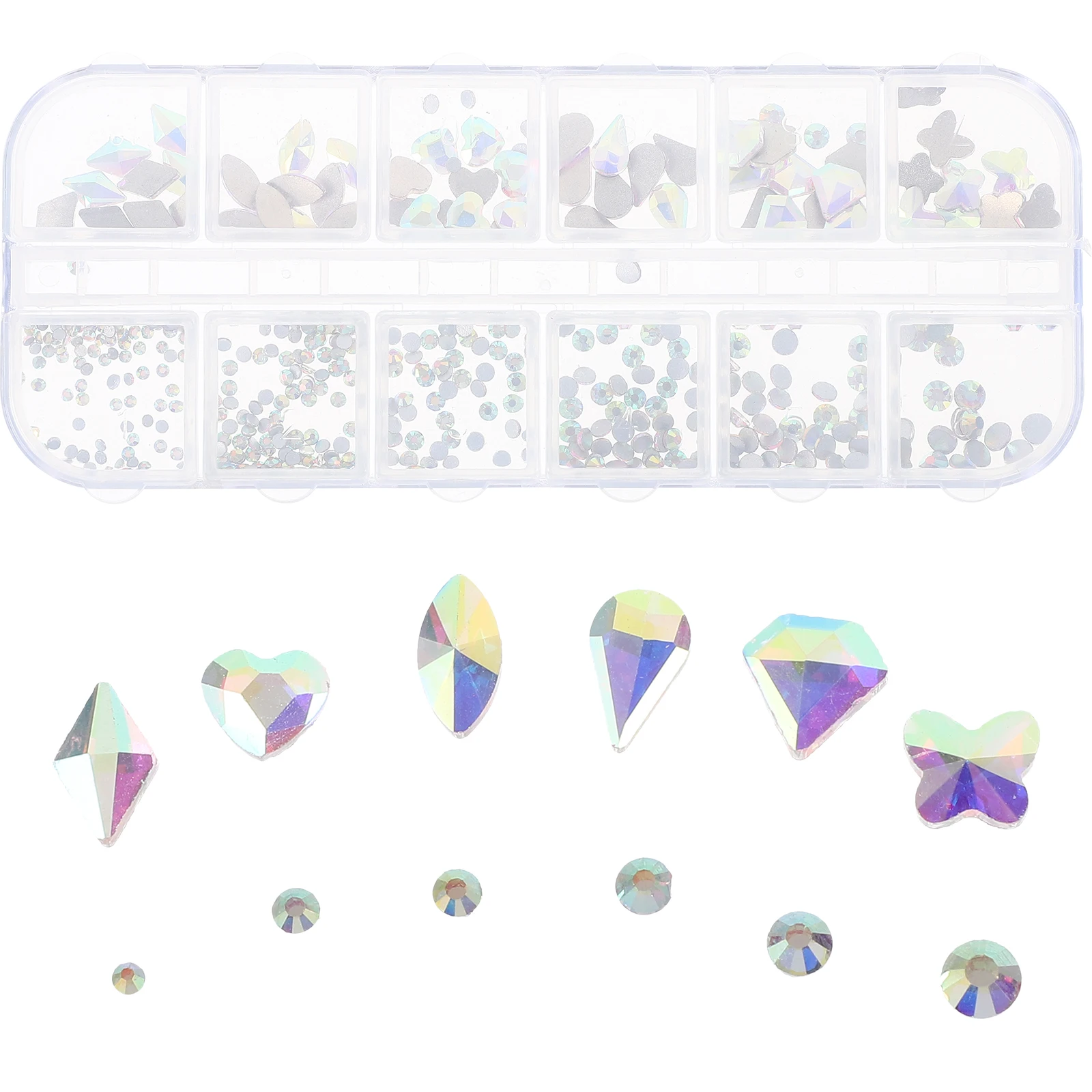 

12 Grids Long Strip Box AB Glass Crystal DIY Nail Charms Set Colorful Rhinestones Nails Jewelry Making Decor Craft Manicure