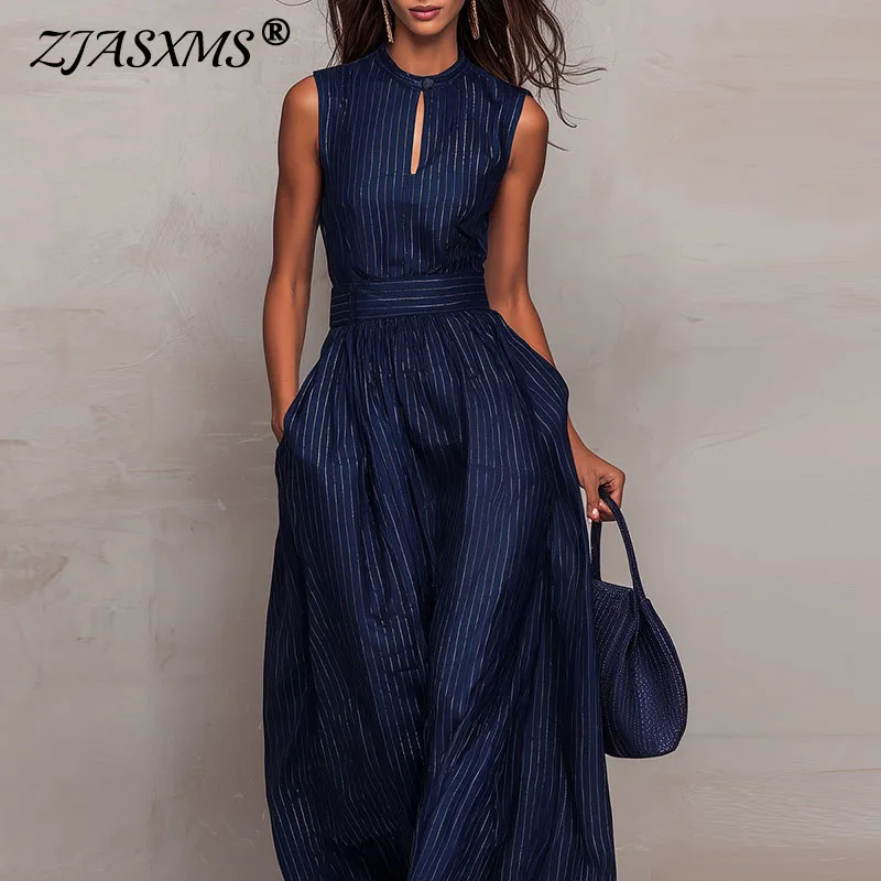 

Новый летний комбинезон 2026 года с полосатым принтом, широкими штанинами, карманами, сексуальный, с круглым вырезом, высокой талией, без рукавов, с вырезами, для женщин