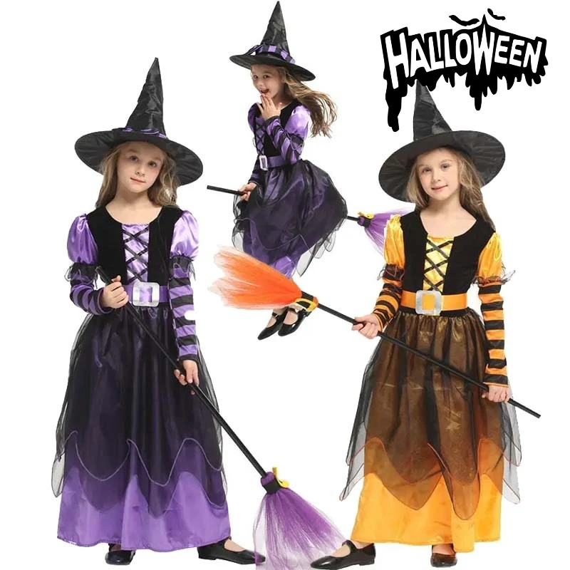 

2025 Halloween Children Purple Witch Costume Girls Fairytale Wizard Dress Kids Clothes Baby Bat Spider Party Cosplay Outfit