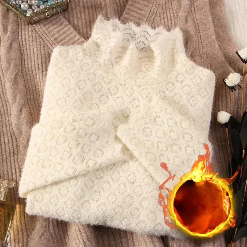 2024 Autumn and Winter Women\'s New Arrivals Microsand Bottoming Shirt High Neck Lace Mesh Gauze Fashion All-match TopsT-Shirts