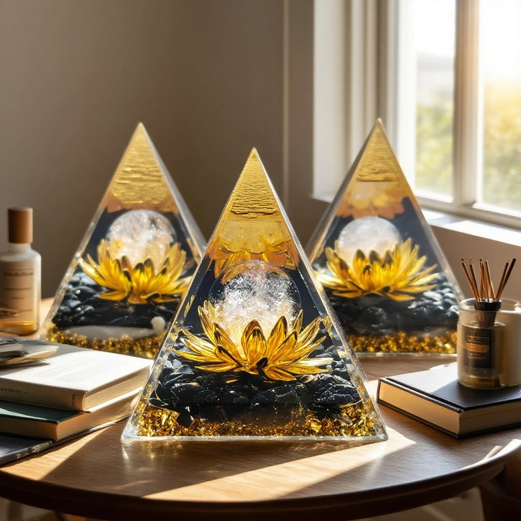 Natural Transparent Quartz And Obsidian Lotus Life Flower Orgone Pyramid Decorative Ornament Healing Crystal Energy Sculpture