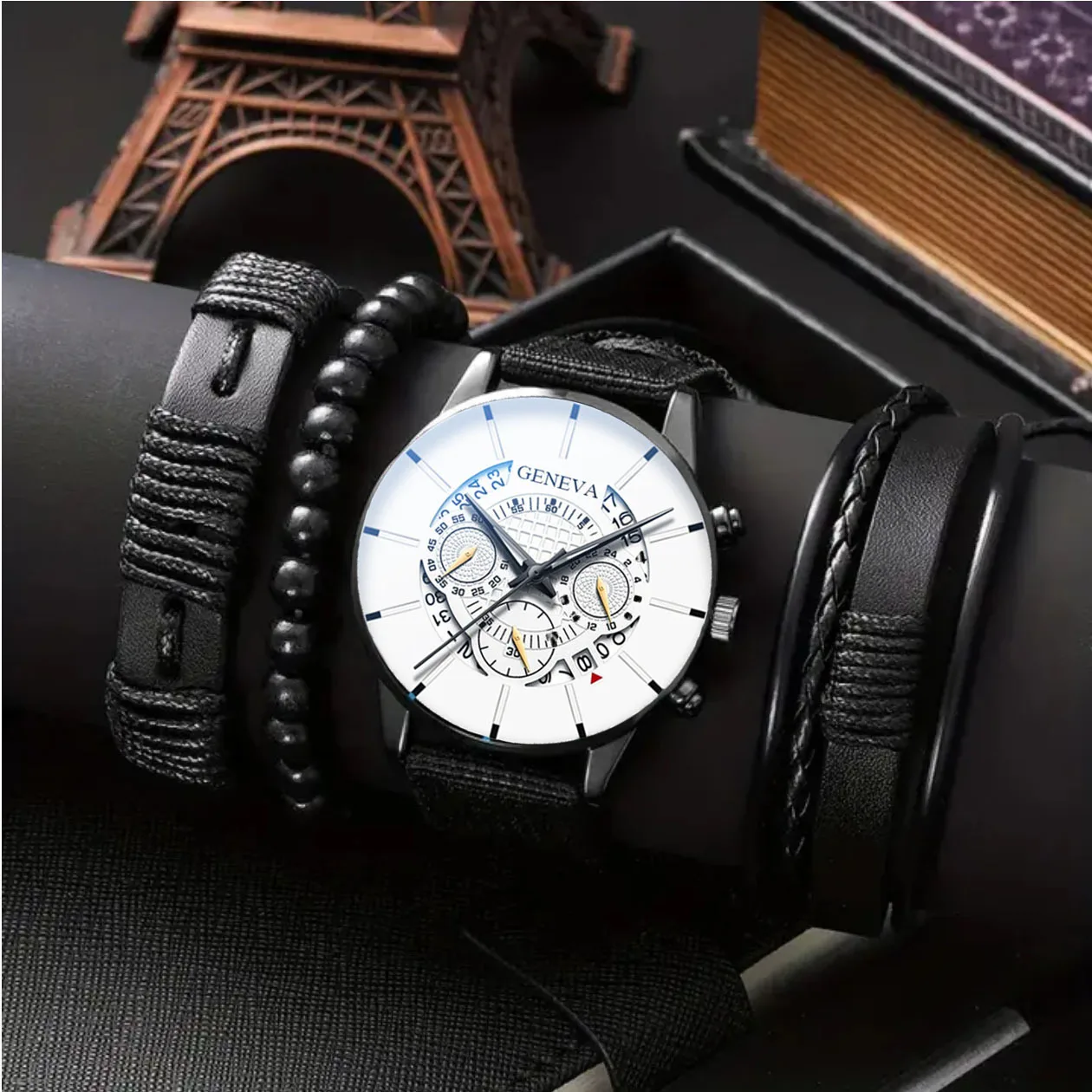 4PCS Men's Business Watches Fashion Leather Band Analog Quartz Watch with Woven Bracelets Set（Without Box）