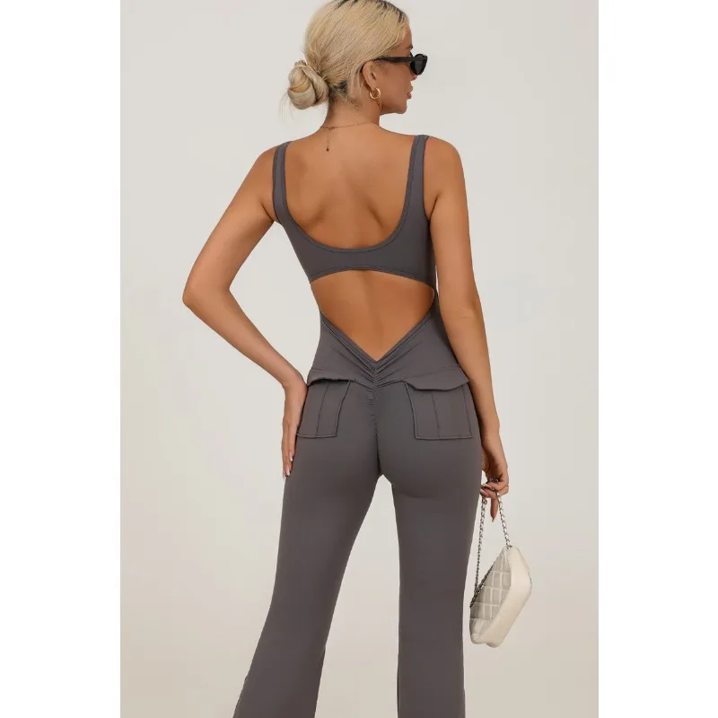 European and American Hollow Back Yoga Jumpsuit Women's One-piece Suit Hip Lift Tooling Pocket Sports Fitness Jumpsuit