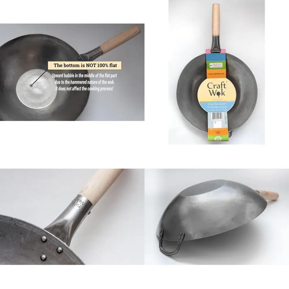 

lat Hand Hammered Carbon Steel Pow Wok with Wooden and Steel Heer Handle (14 Inch, lat Bottom) / 731W316