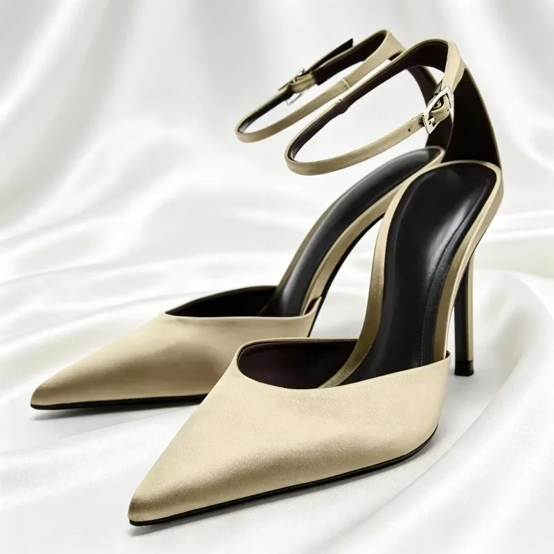 Satin Elegant Heeled Sandals Women Pointed Toe Pumps Ankle Strap Hollow Fashion Banquet Wedding Dress Shoes Zapatos De Mujer