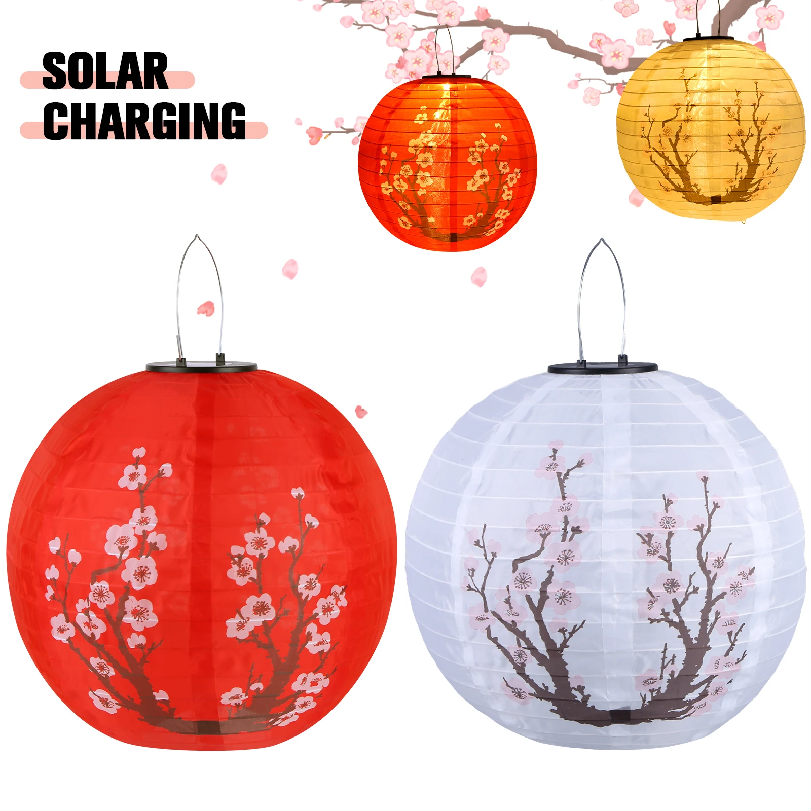 

LED Solar Lantern 30cm Plum Blossom Decorative Lantern Nylon Colth Chinese Traditional Hanging Lanterns for Outdoor Indoor Decor