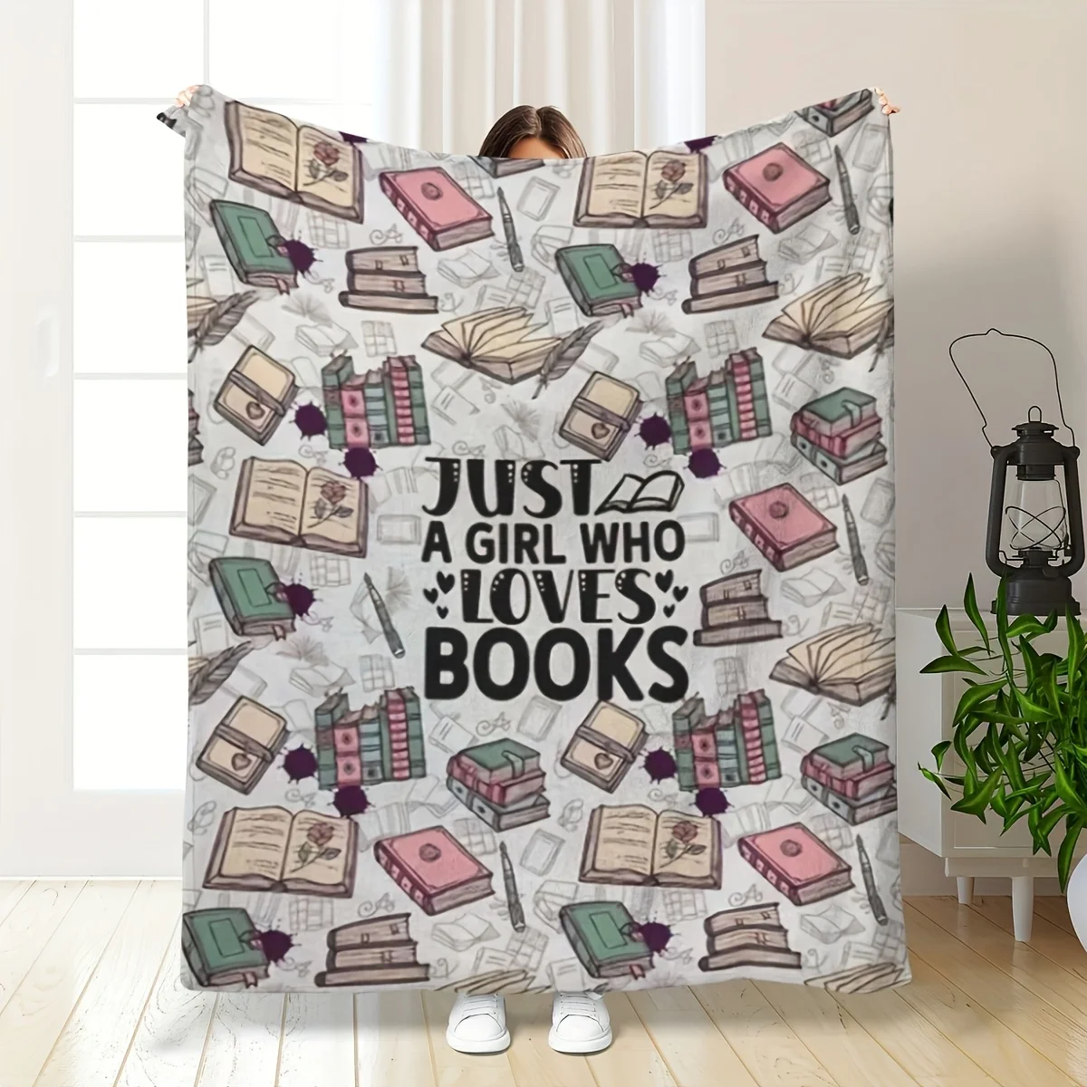 Couverture en flanelle Bliss Bookworm, thème de lecture doux, Design toutes saisons, confort confortable pour les amateurs de livres, cadeau