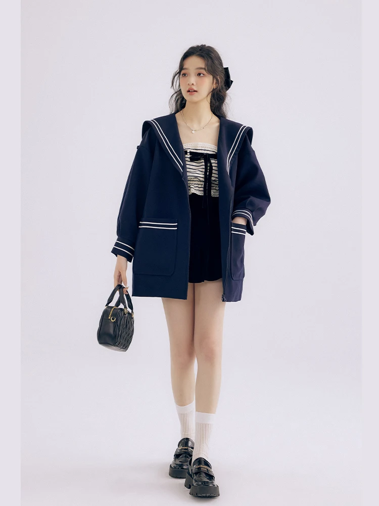 

Длинный матросский костюм, комплект из двух предметов с большим воротником, темно-синий воротник, печенье, модный военный костюм для молодых женщин