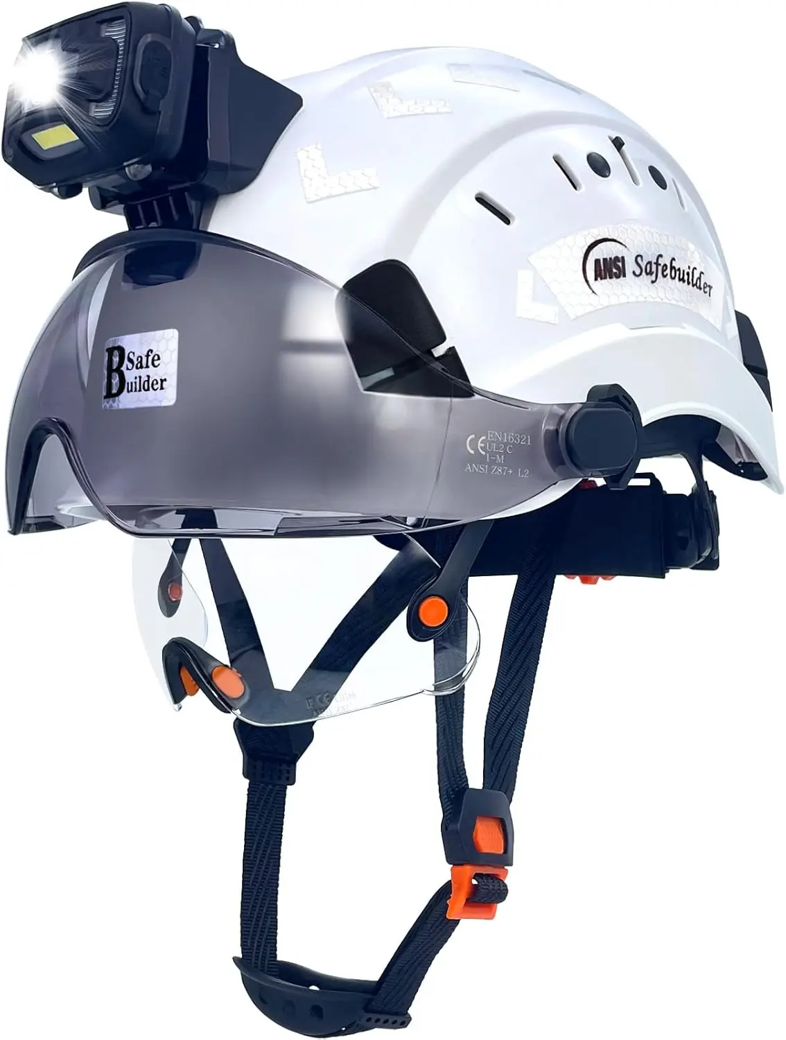 

ANSI Z89.1 Approved Lightweight Vented Safety Helmet with Visor and Headlight for Construction Industrial Outdoor Work