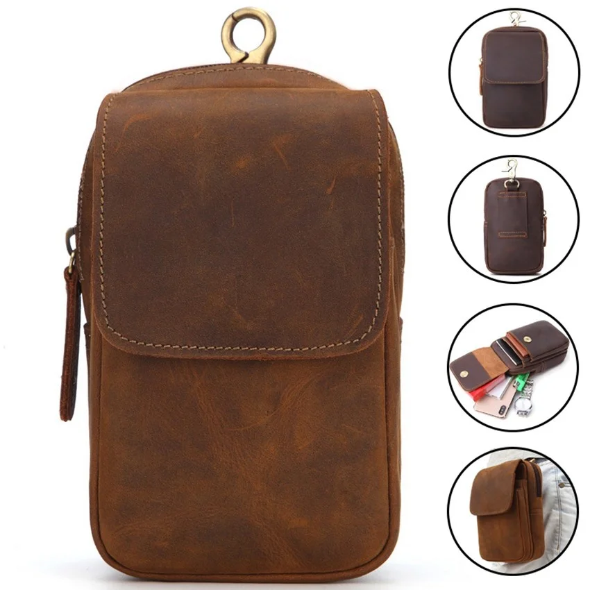 

Retro Men Cow Leather Belt Bag Multifunction Waist Bag Cellphone Bag Leisure Fanny Pack