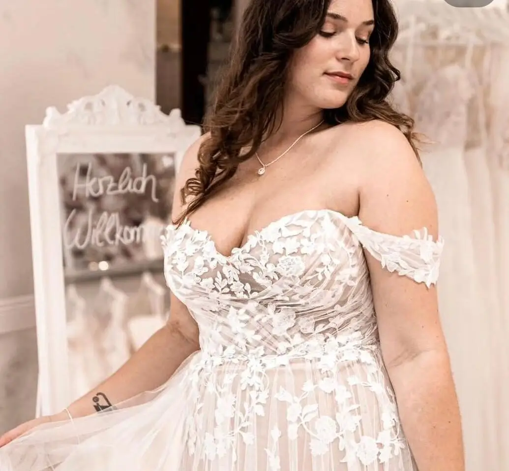 Plus Size Schatz-Hochzeitskleid für Frauen, Spitzenapplikationen aus der Schulter, Sweep-Zug, Brautkleider, nach Maß, elegante Robe