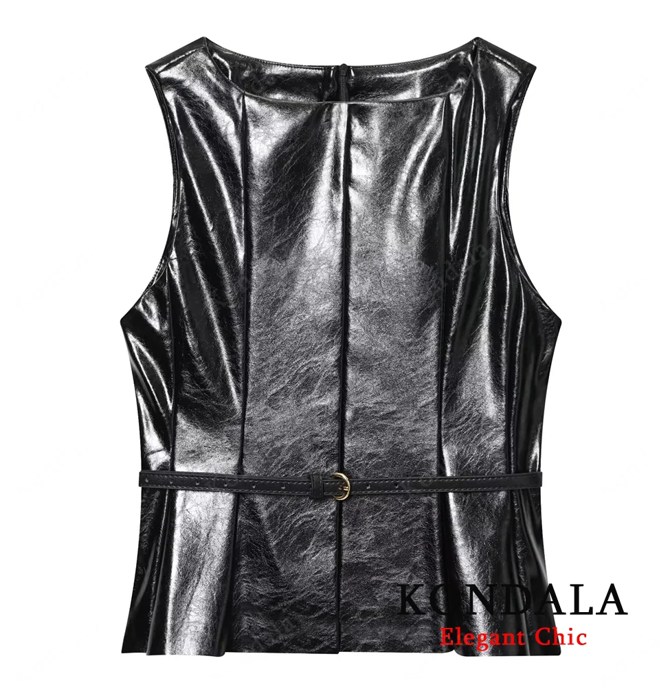 

KONDALA элегантный осенний кожаный жилет с поясом, женский черный жилет из искусственной кожи, весна-осень 2022, модный уличный женский жилет