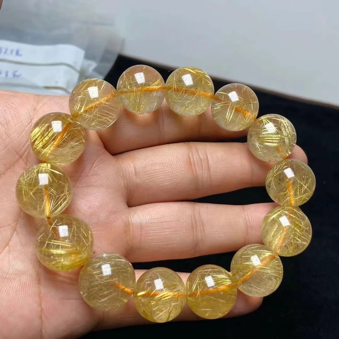 Natural Gold Rutilated Quartz Titanium beads Bracelet 17.7mm Wealthy Woman Men Clear Round Beads Jewelry From Brazil AAAAAAA