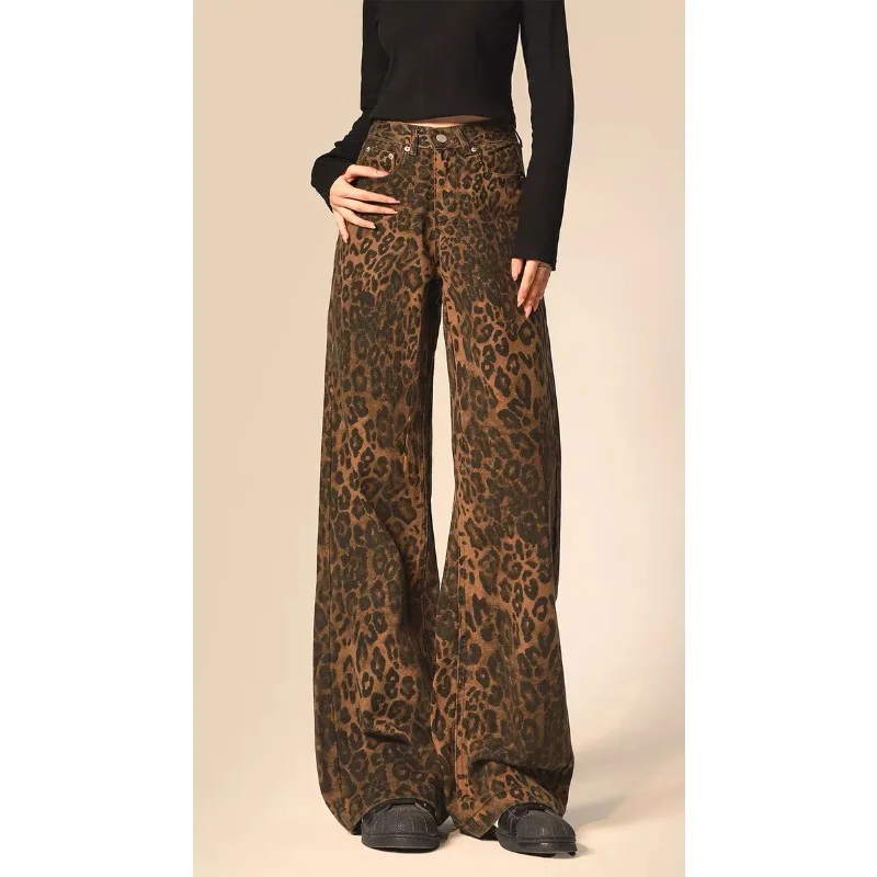 

Новые джинсы с леопардовым принтом, женские осенне-зимние нишевые свободные прямые повседневные широкие длинные брюки в американском стиле ретро