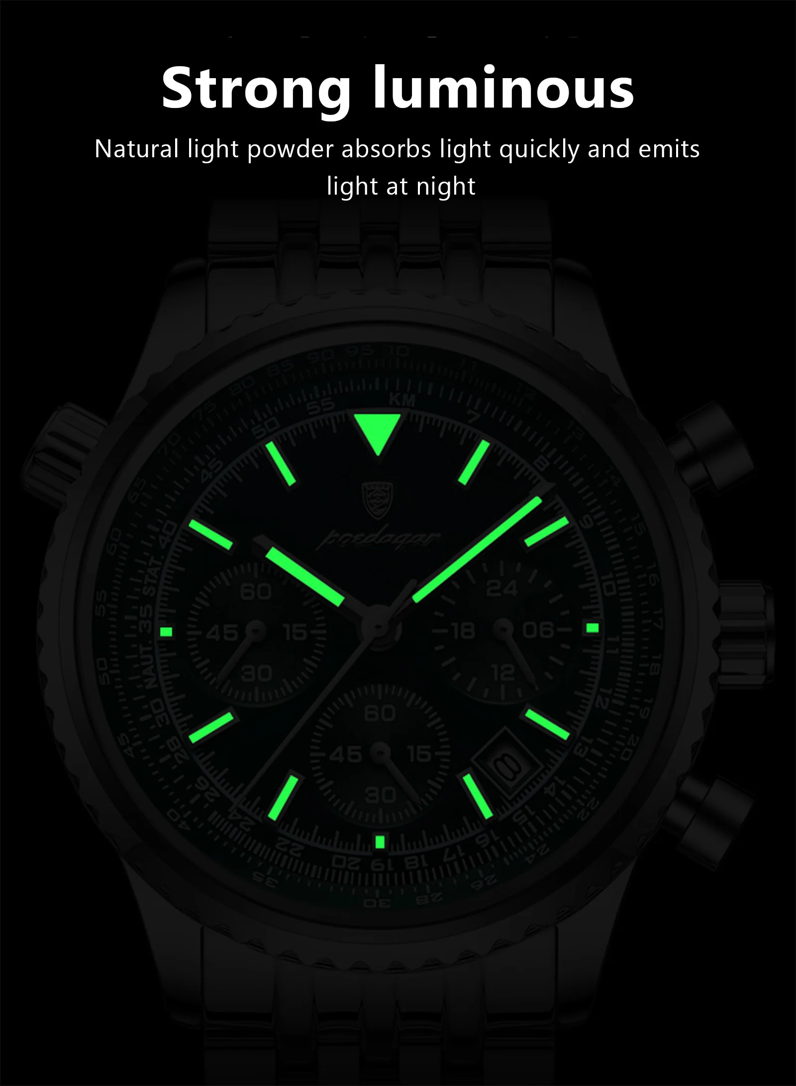 POEDAGAR Luxusuhren für Herren, Datum, Chronograph, Edelstahl, Sport-Herrenuhr, wasserdicht, leuchtender Quarz, Militär-Herrenuhr – Detail 13
