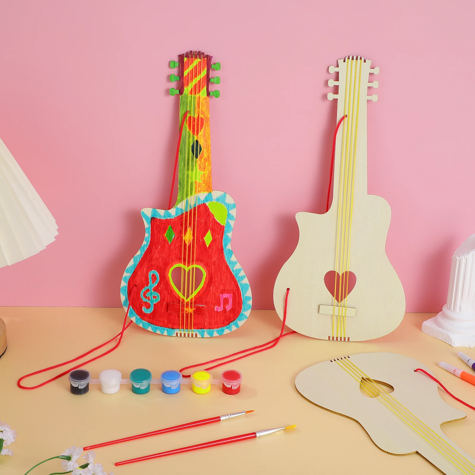 

4 Pcs Crafts Kindergarten Wooden Guitar Children's First Decorations Fake Painting Gyro for Kids Diy Instrument Model Student