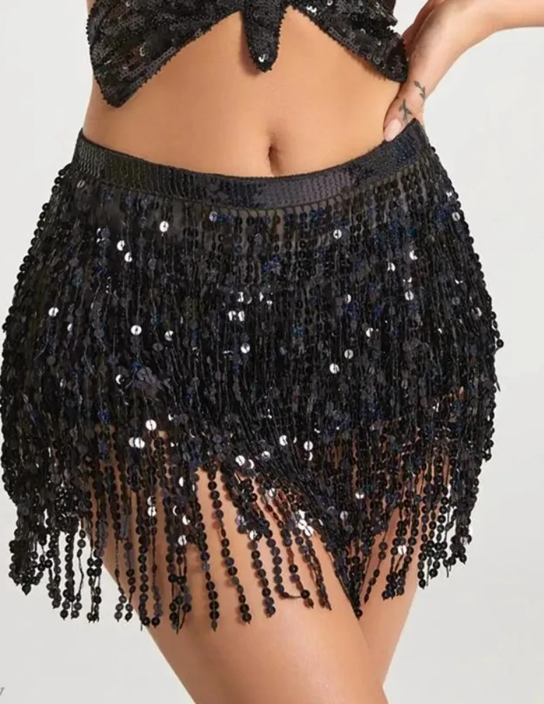 Damen Pailletten-Quasten-Bauchtanzrock Glänzende Perlen Taillenkette Saumrock Bohemian Taillenrock Gürtel – Detail 5