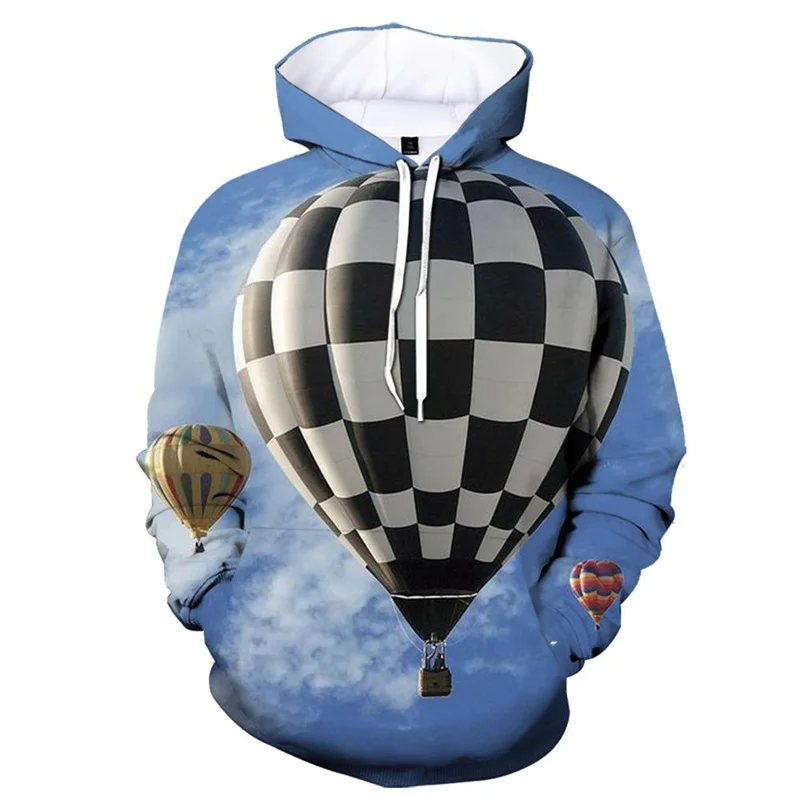 3D Printed Hot Air Balloon Hoodie For Men Colorful Pattern Long Sleeves Fashion Casual Sweatshirt Loose Pullover Hoodies Tops