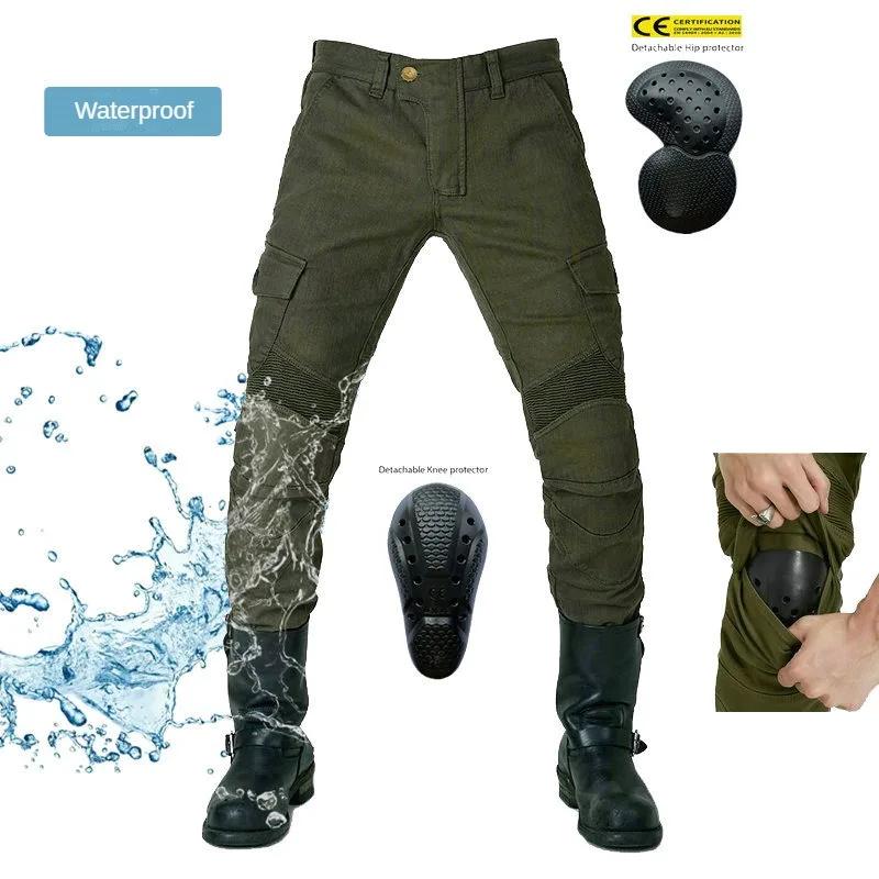 

VOLERO Army Green Waterproof Motorcycle Jeans Motorcycle Pants Multi-bag Overalls Racing Slash-proof Pants for Men and Women