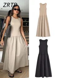 Elegant Patchwork Pleated Long Dress Women Casual Street O-neck Sleeveless Backless Dresses 2024 Autumn Lady Solid Vacation Robe